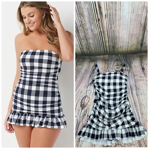 G.I.L.I. Navy Check Ruffle Hem Swim Dress - Picture 1 of 16